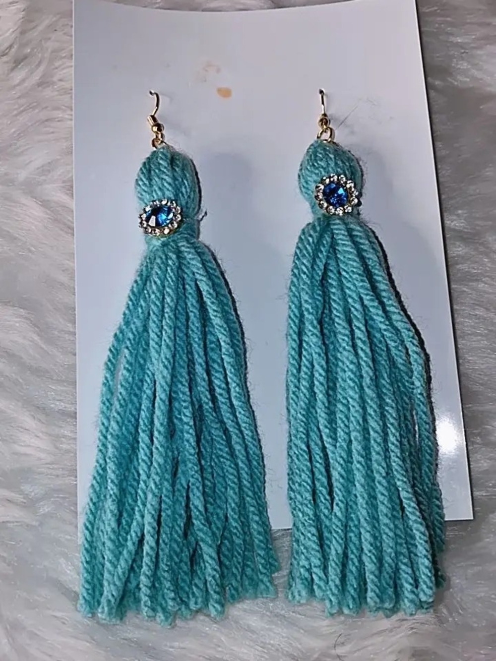 Turquoise Tassel Drop Earrings with Blue Crystal Accent